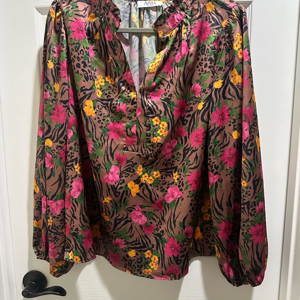 Avara Floral Satin Blouse in Brown and Pink